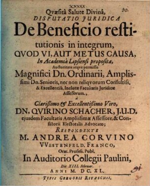 Disputatio iuridica de beneficio restitutionis in integrum, quod vi aut metus causa