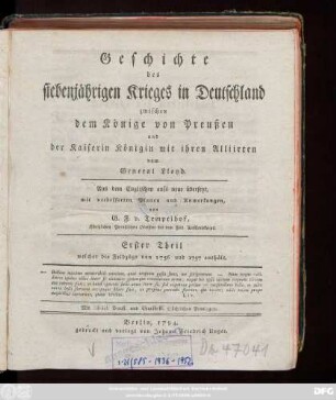 Theil 1: welcher die Feldzüge von 1756 und 1757 enthält