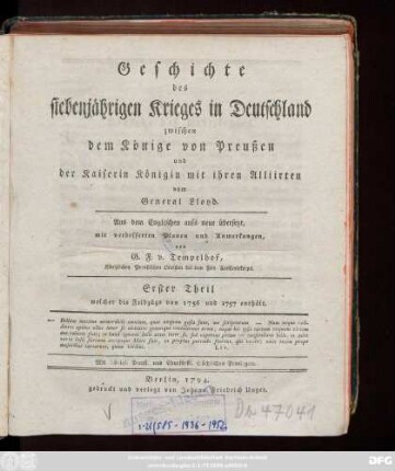Theil 1: welcher die Feldzüge von 1756 und 1757 enthält