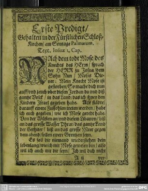 Erste Predigt, Gehalten in der Fürstlichen Schloß-Kirchen, am Sontage Palmarum
