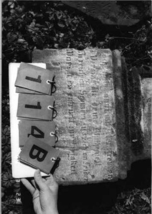 Grabstein 114 (Index: 99792208) Material: Sandstein, weiße Marmorplatte Zustand: verwittert mit Textverlust Maße HxBxT: 110x45x19 cm Beschreibung: Stele, profilierter Sockel, Giebel, rechteckige Schriftplatte Symbolik: Voluten: Grabstein 114B