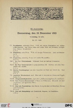 III. Auktionstag: Donnerstag, den 19. Dezember 1912, Vormittag 10 Uhr (Nr. 777-1042)