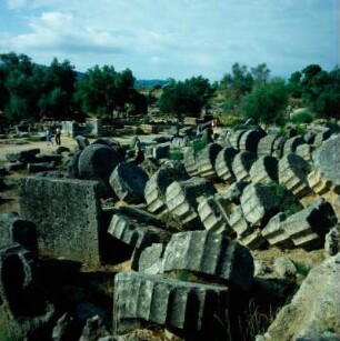 Olympia, Altis. Vor der Südseite des Zeus-Tempels liegen Säulentrommeln in Sturzlage. Folge eines Erdbebens