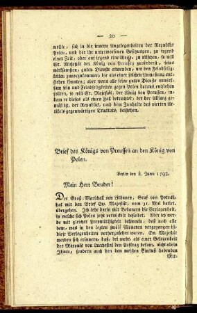 Brief des Königs von Preussen an den König von Polen.