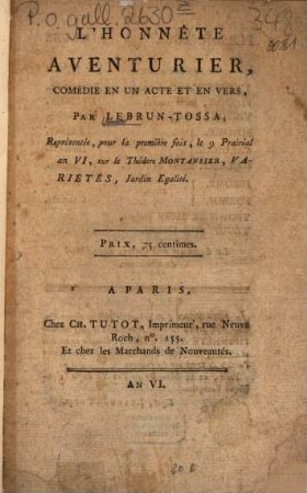 L' honnête aventurier : Comédie en un acte et en vers