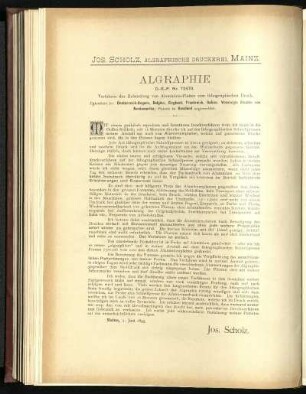 Jos. Scholz, Algraphische Druckerei Mainz, Algraphie