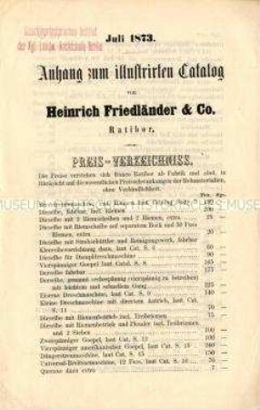 Preis-Verzeichnis. (Anhang zum Katalog landwirtschaftlicher Maschinen von Heinrich Friedländer und Co.)