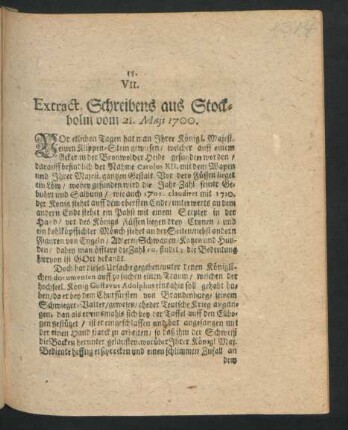 VII. Extract Schreibens aus Stockholm vom 21. Maii 1700.