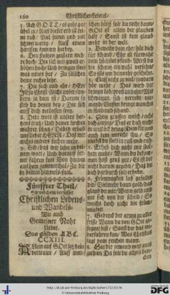 Fünffter Theil, in welchem verfasset Christlichen Lebens- und Wandels- wie auch Gemeiner Noht Lieder.