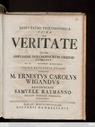 Dispvtatio Philosophica Prima De Veritate