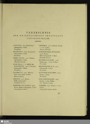 Verzeichnis Der Wesentlichsten Skulpturen Von Georg Kolbe