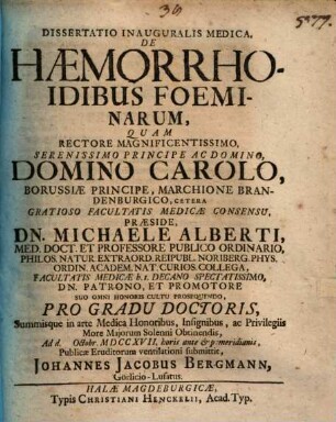 Dissertatio Inauguralis Medica, De Haemorrhoidibus Foeminarum