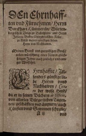Den Ehrnhafften und Fürnehmen/ Herrn Burckhart Kümmereln/ [...]