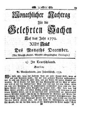 Monathlicher Nachtrag [...] Auf das Jahr 1778. XIItes Stück Des Monaths December