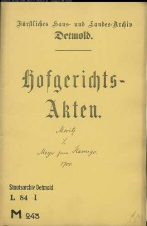 Moritz, Hermann Tönies in Detmold gegen Meier zum Havergoh - Schuldforderung