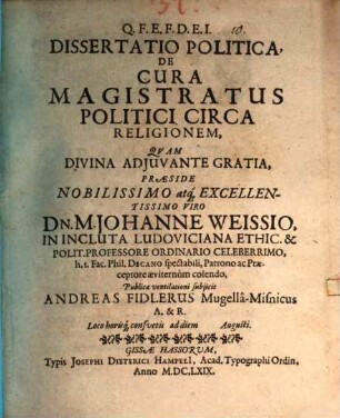 Diss. polit. de cura magistratus politici. circa religionem