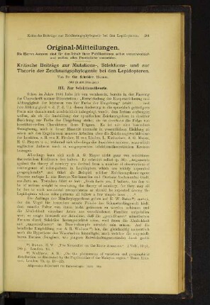 Kritische Beiträge zu Mutations-, Selektions- und zur Theorie der Zeichnungsphylogenie bei den Lepidopteren.