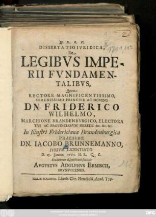 Dissertatio Ivridica, De Legibvs Imperii Fvndamentalibvs