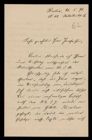 62: Brief von Friedrich Ritgen an Gottlieb Planck, Berlin, 26.5.1898