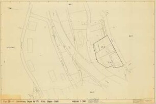 Flur 29 V (V) Gemarkung Siegen Nr. 671, Kreis Siegen-Stadt. Inhalt: Johanneshütte; Friedrich-Friesen-Straße; Auf der Schemmscheid; Seitenweg; Eisenbahn von Siegen nach Betzdorf; Herrenwiesengraben; Sieg; Leystraße; Effertsufer; Graben. Parzellen- und Hausnumerierung.