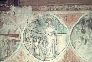 Matthäus Evangelista wird von hinten mit dem Schwert durchbohrt