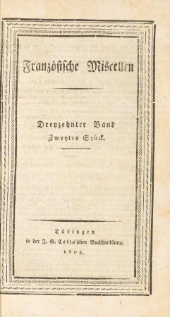 Titelseite Dreyzehnter Band. Zweites Stück