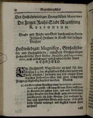 Des HochEhrwürdigen Evangelischen Ministerii Der Freyen Reichs-Stadt Regenspurg Responsum.