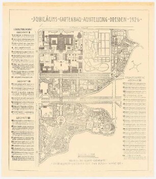 Ausstellungsgarten Jubiläums-Gartenbau-Ausstellung 1926, Dresden: Lageplan mit Erläuterungen 1:2500