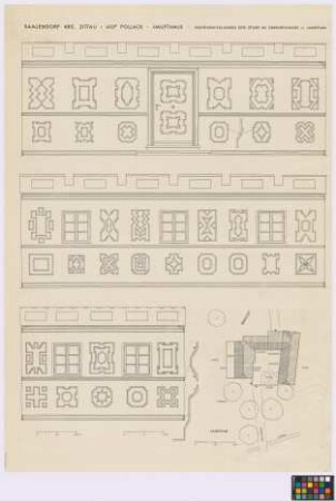 Saalendorf (Kreis Zittau): Hof Pollack. - Lageplan mit Haupthaus (Aufsicht), Kuhstall (Aufsicht), Durchfahrt (Aufsicht), Scheune (Aufsicht), Dung (Aufsicht). - Wandabwicklungen der Stube im Obergeschoss (drei Ansichten, Profil)