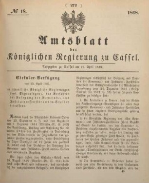№ 18. Ausgegeben zu Cassel am 27. April 1868.