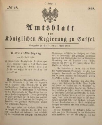 № 18. Ausgegeben zu Cassel am 27. April 1868.