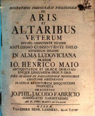 Diss. de aris et altaribus Veterum