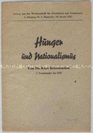 Propagandaschrift der SPD mit einem Auszug aus einem Artikel von Kurt Schumacher in der Wochenschrift "Sozialismus und Demokratie"