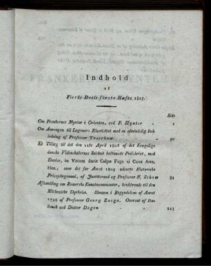 Indhold af Fierde Deels förste Hæfte 1805