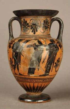 Schwarzfigurige Halsamphora mit Drillingshenkeln