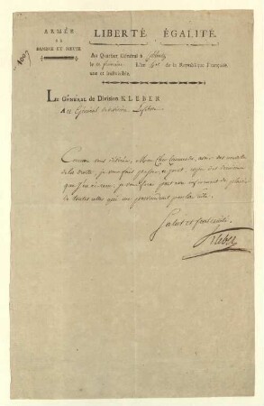 Brief von Jean-Baptiste Kléber an François-Joseph Lefèbvre