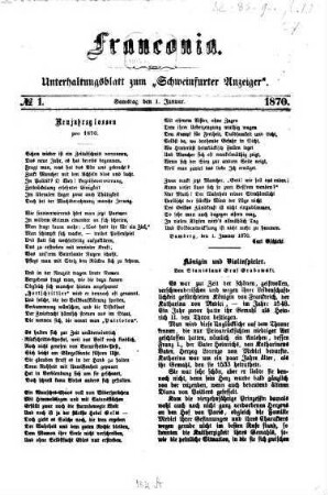 Franconia : Unterhaltungsblatt zum "Schweinfurter Anzeiger", 1870