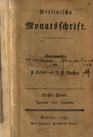 Berlinische Monatsschrift. 1, 1. 1783