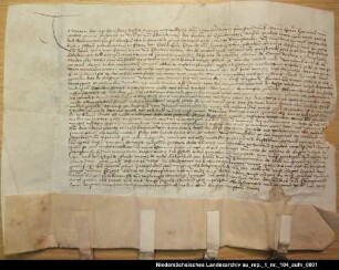 Vertrag zwischen den Grafen Edzard I. und Uko von Ostfriesland und Hero Omken von Dornum über das Ende ihrer Fehde = OUB II, Nr. 1570, S. 564 Anhängende Siegel 1, 2, 3 und 4 beschädigt erhalten