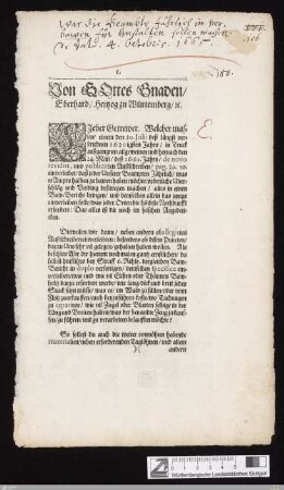 Von Gottes Gnaden, Eberhard, Hertzog zu Würtemberg ... : Lieber Getrewer. Welcher massen, einem ... Außschreiben ... einverleibet, daß jeder Unserer Beampten Jährlich ... ordenliche Uberschläg und Verding deßwegen machen ... solle ...; Datum Stuttgart, den 4. October, Anno 1665
