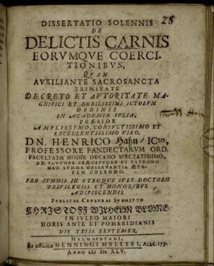 Dissertatio Solennis De Delictis Carnis Eorumque Coercitionibus
