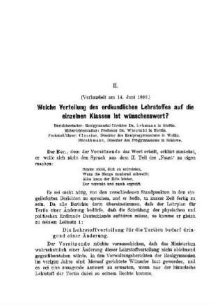 Welche Verteilung des erdkundlichen Lehrstoffes auf die einzelnen Klassen ist wünschenswert? : [Bericht über die Verhandlungen]