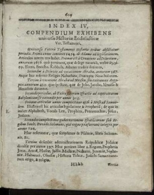 Index IV. Compendium Exhibens universæ Historiæ Ecclesiasticæ Vet. Testamenti.