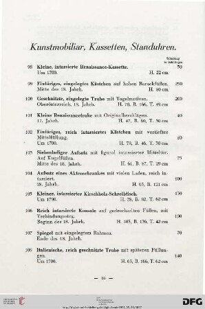 Kunstmobiliar, Kassetten, Standuhren (Nr. 98-122)