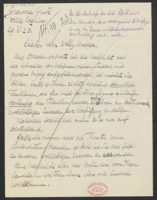 Brief an Willy Strecker an B. Schott's Söhne : 29.11.1923