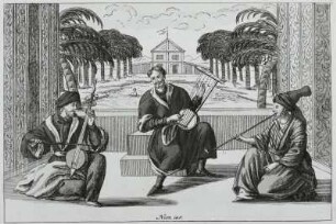 Inventions chinoises, Musikanten im Park : Weigel, Johann Christoph: Musikanten und Pfeifenraucher im Park. Aus: Inventions chinoises II, Blatt 25. Kupferstich, Radierung, koloriert; 140 x 205 mm. Dresden: Kupferstich-Kabinett in B 1156,2 (II)