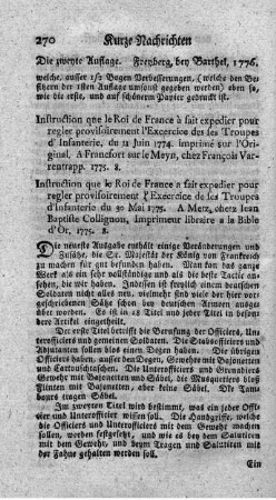 Instruction (...) pour regler provisoirement l'exercice des ses troupes d'infanterie, du 11 juin 1774.