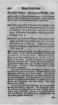 Instruction (...) pour regler provisoirement l'exercice des ses troupes d'infanterie, du 11 juin 1774.