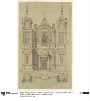 Entwurf für Kirchenfassade, Ansicht und Grundriss