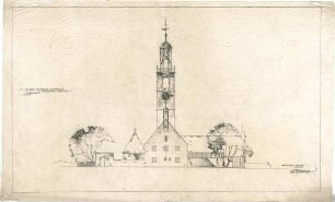 Gsaenger, Gustav; Braunschweig - Lehndorf (Niedersachsen); Ev. Kirche mit Pfarrhaus und Gemeindesaal - Entwurf, Ostseite (Ansicht)